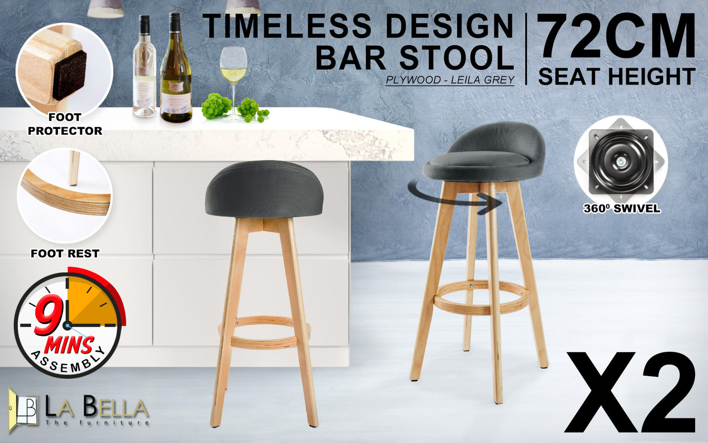 2 Set 72cm Grey Wooden Bar Stool Leila Fabric - image2