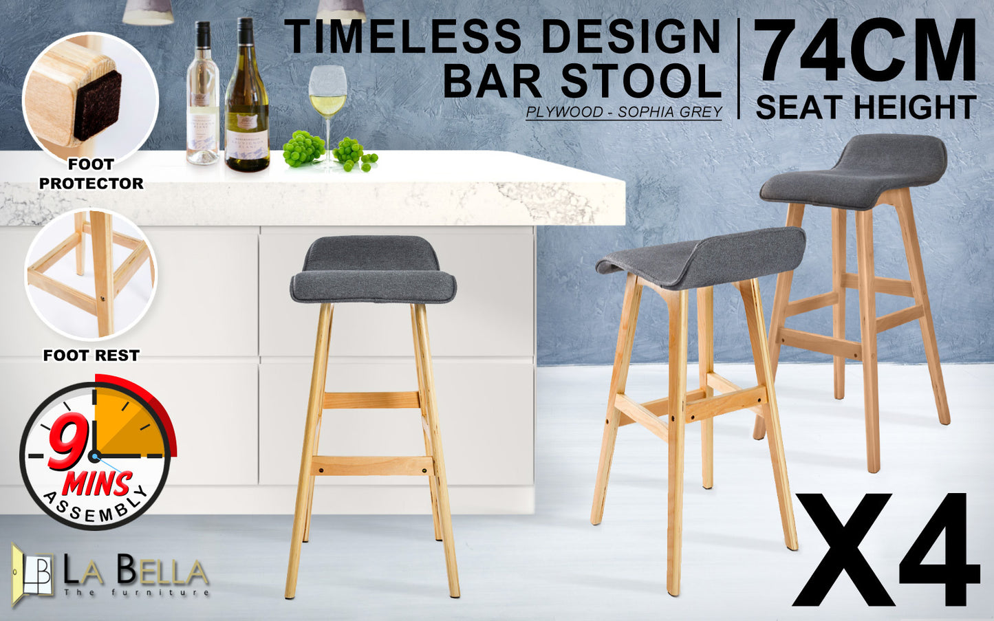 4 Set 74cm Grey Wooden Bar Stool Sophia Fabric - image2