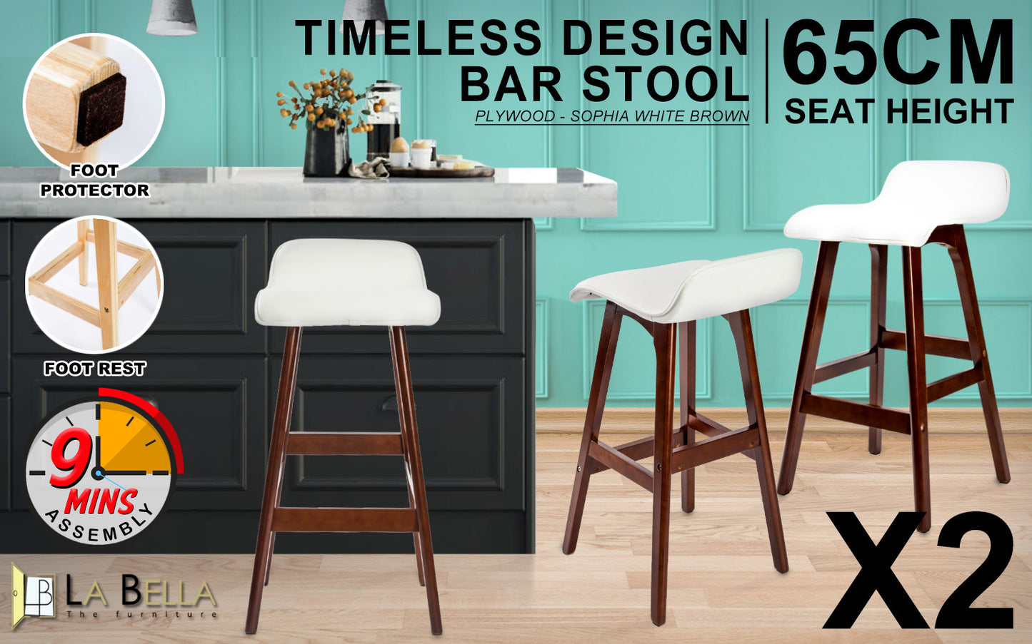 2 Set 65cm White Brown Wooden Bar Stool Sophia Leather - image2