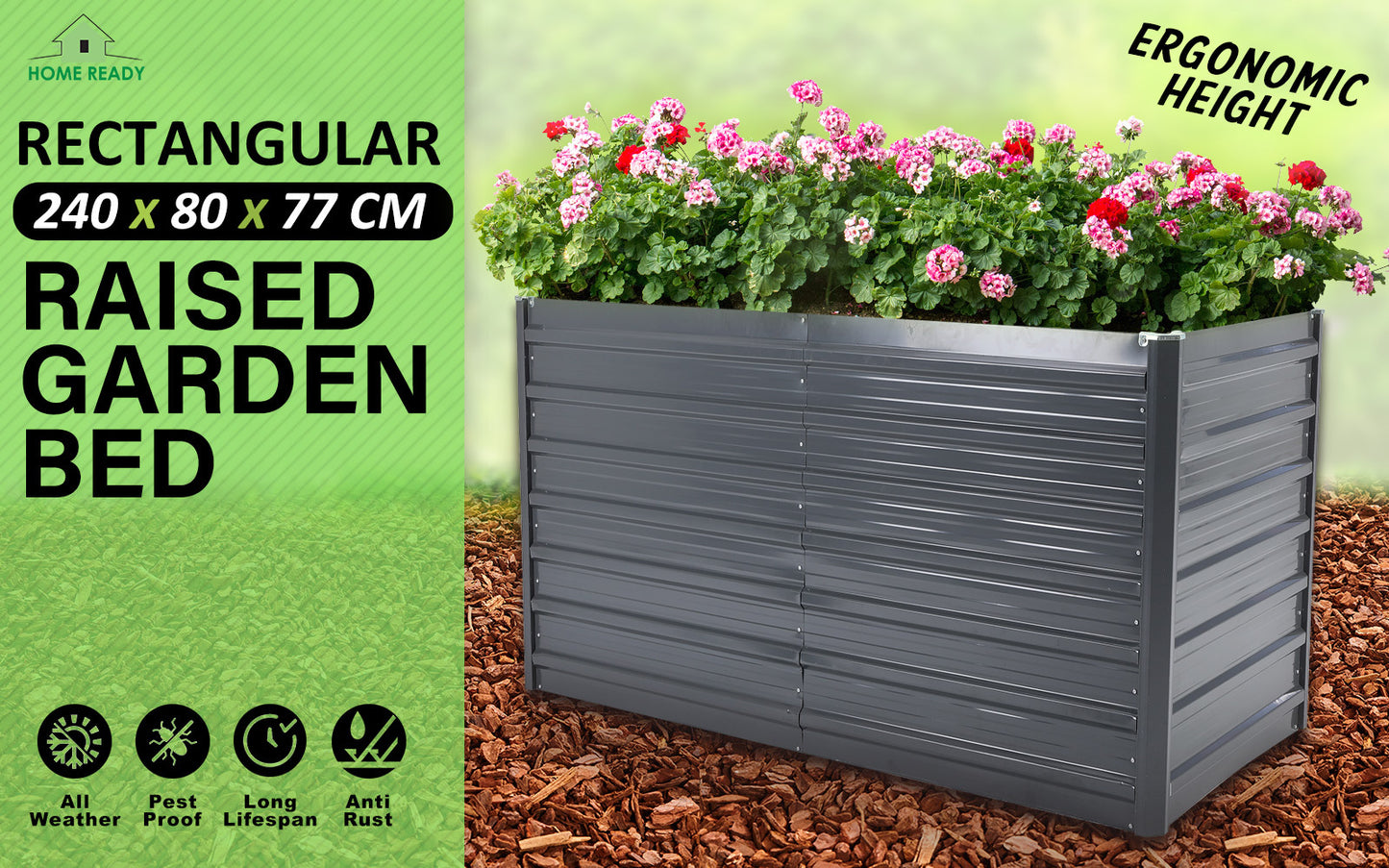 Home Ready 240 x 80 x 77cm Grey 2-in-1 Raised Garden Bed Galvanised Steel Planter - image2