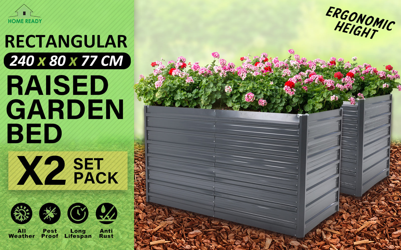 Home Ready 2 Set 240 x 80 x 77cm Grey 2-in-1 Raised Garden Bed Galvanised Steel Planter - image2