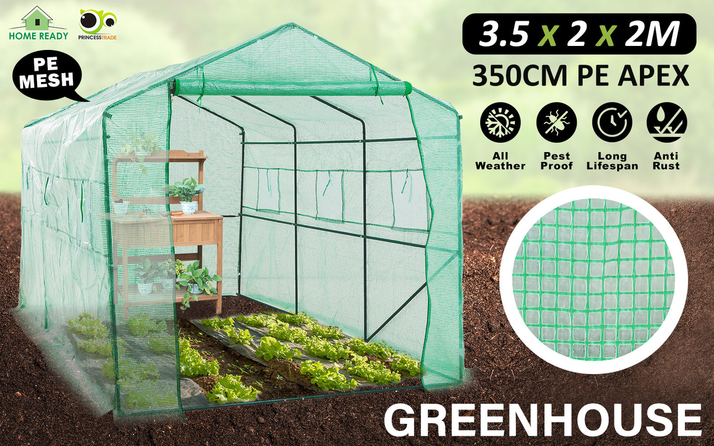 Home Ready Apex 3.5x2x2M Garden Greenhouse Walk-In Shed PE - image2