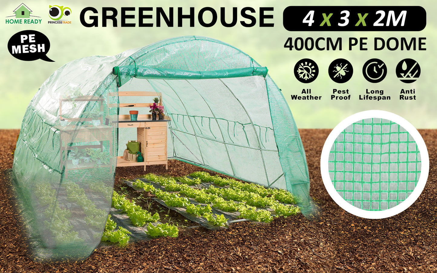 Home Ready Dome Hoop Tunnel Polytunnel 4x3x2M Garden Greenhouse Walk-In Shed PE - image2