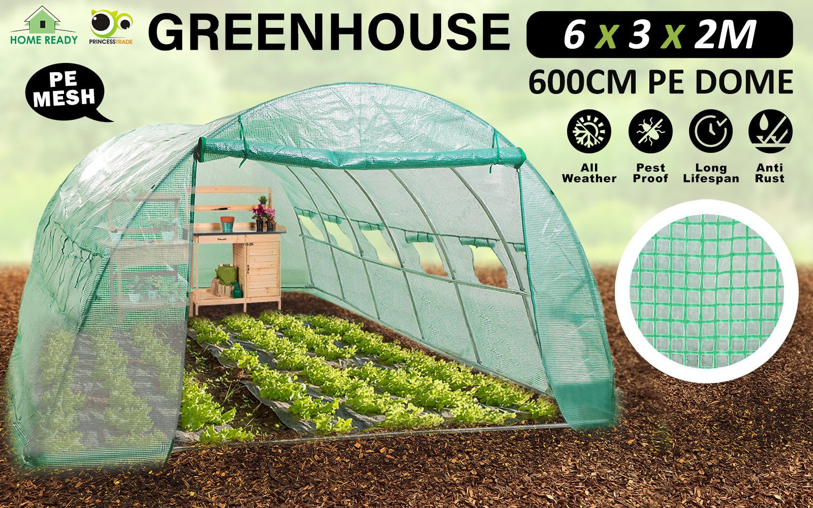 Home Ready Dome Hoop Tunnel Polytunnel 6x3x2M Greenhouse Walk-In Shed PE - image2