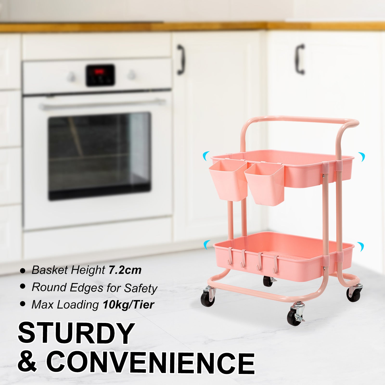 2 Tier Pink Trolley Cart Storage Utility Rack Organiser Swivel Kitchen - image3