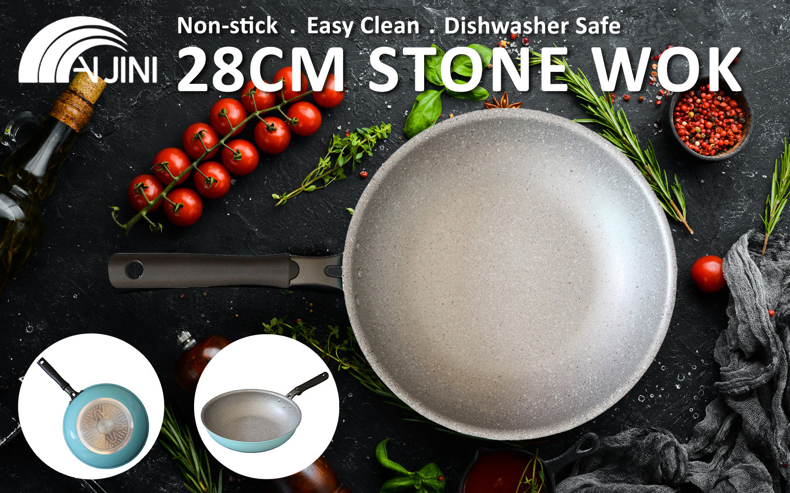 Round 28cm Pure Sky Blue Stone Wok Wokpan Non-Stick Induction Ceramic - image2