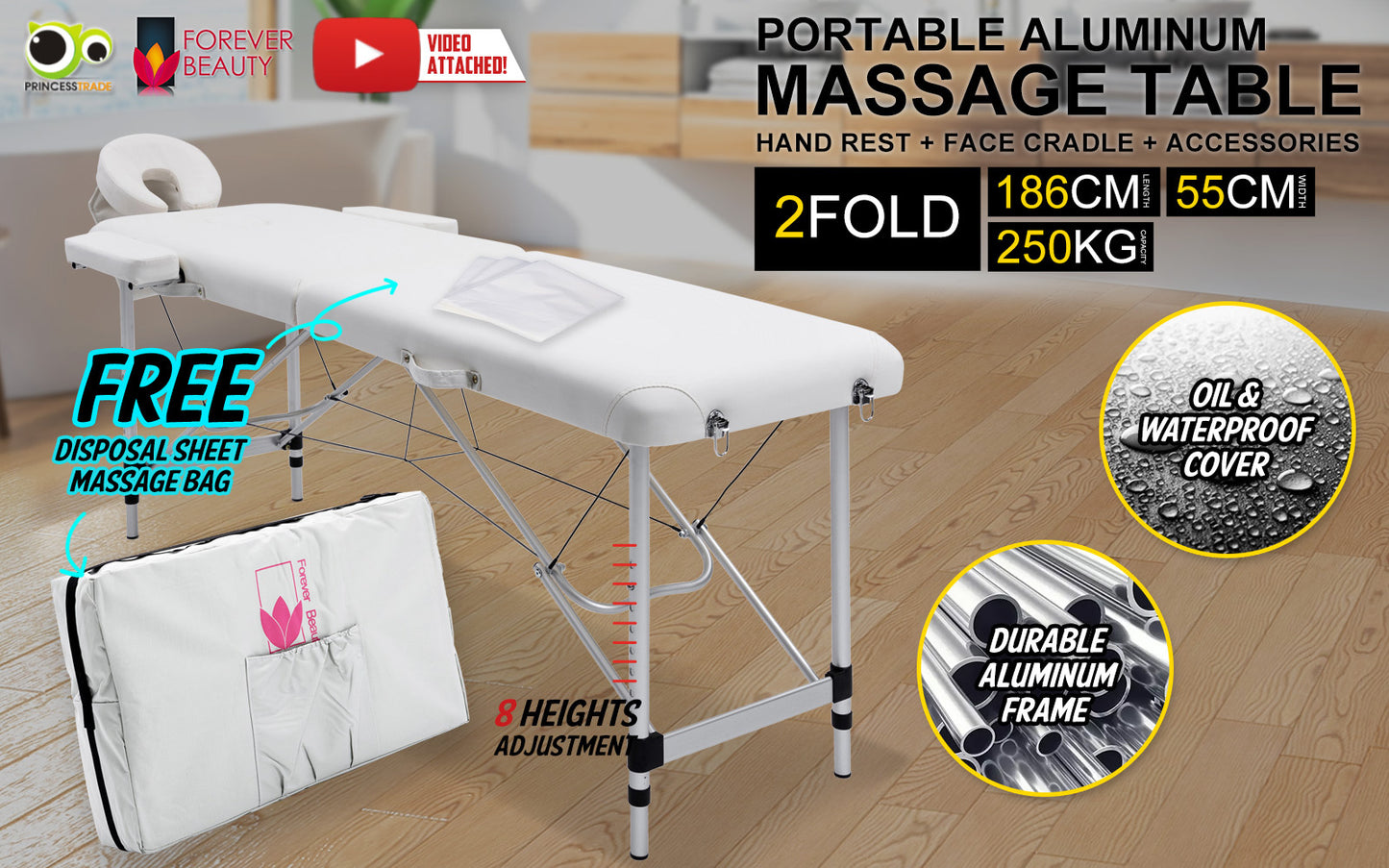 White Portable Beauty Massage Table Bed Therapy Waxing 2 Fold 55cm Aluminium - image2