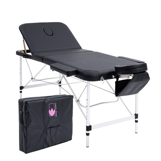 Black Portable Beauty Massage Table Bed Therapy Waxing 3 Fold 70cm Aluminium - image1
