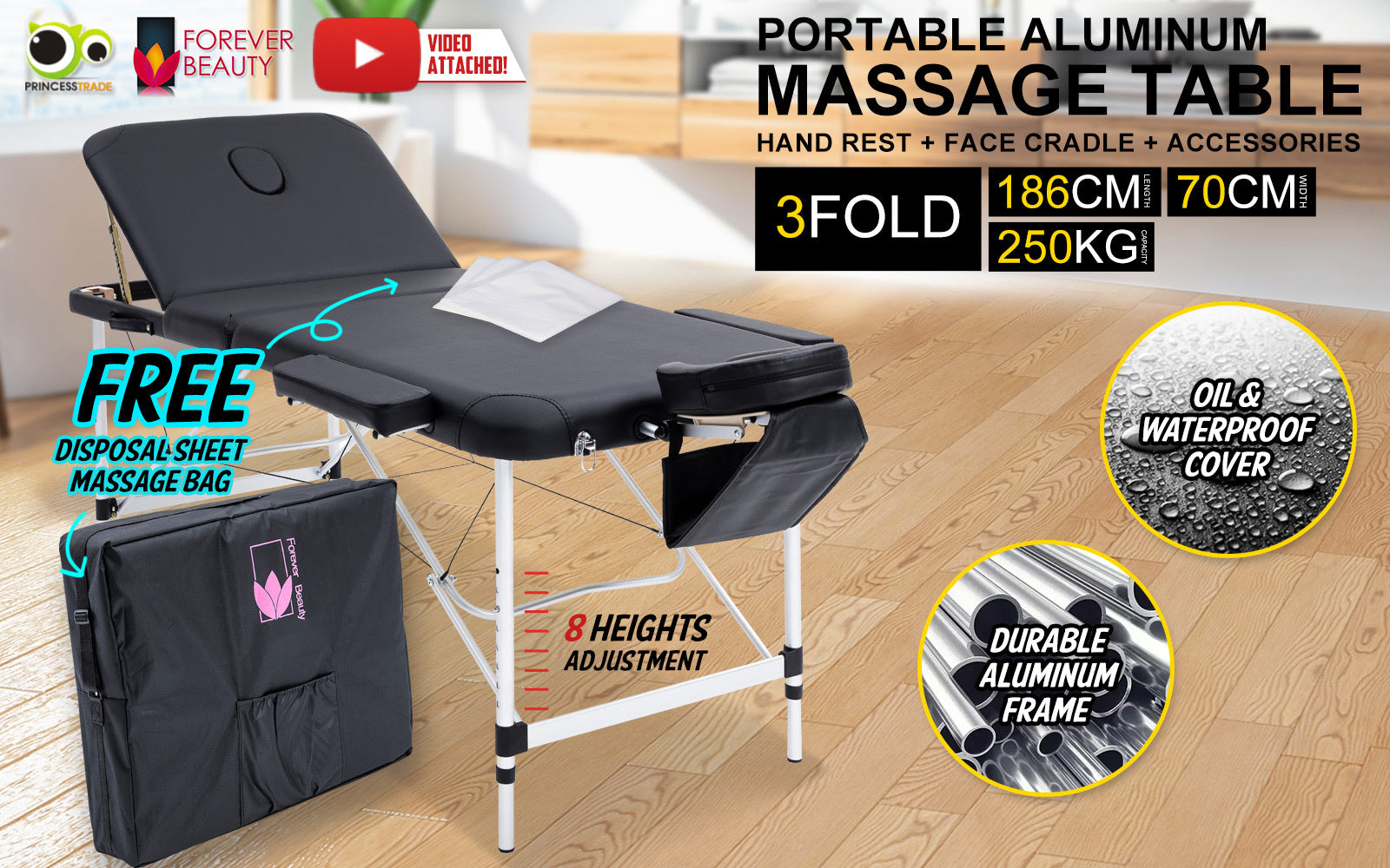 Black Portable Beauty Massage Table Bed Therapy Waxing 3 Fold 70cm Aluminium - image2