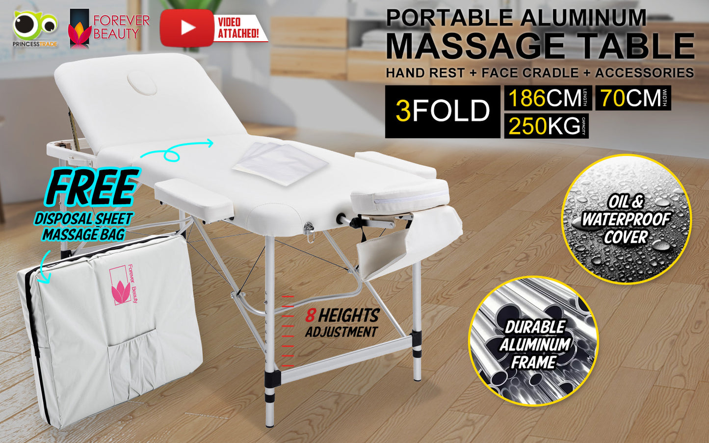 White Portable Beauty Massage Table Bed Therapy Waxing 3 Fold 70cm Aluminium - image2
