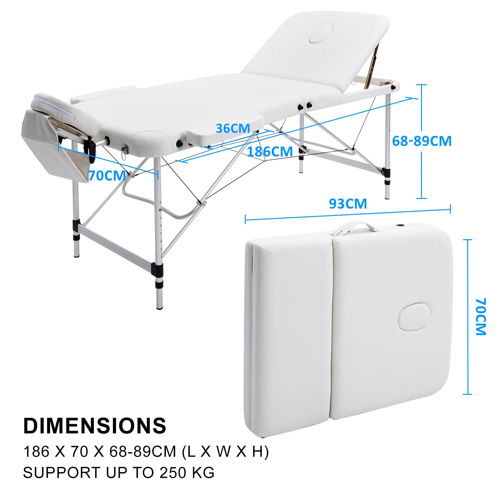 White Portable Beauty Massage Table Bed Therapy Waxing 3 Fold 70cm Aluminium - image12