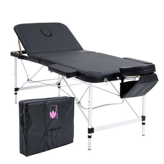 Black Portable Beauty Massage Table Bed Therapy Waxing 3 Fold 75cm Aluminium - image1