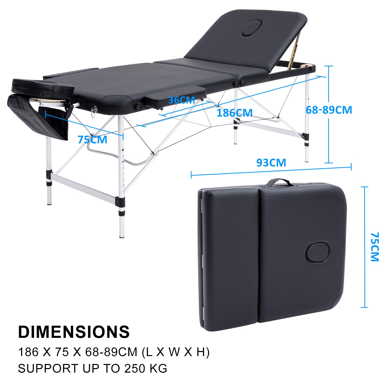 Black Portable Beauty Massage Table Bed Therapy Waxing 3 Fold 75cm Aluminium - image12