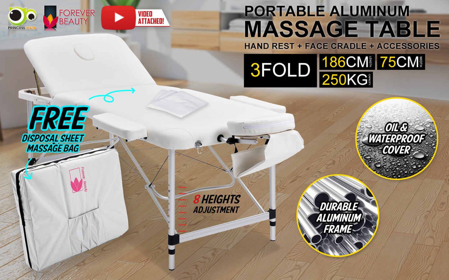 White Portable Beauty Massage Table Bed Therapy Waxing 3 Fold 75cm Aluminium - image2