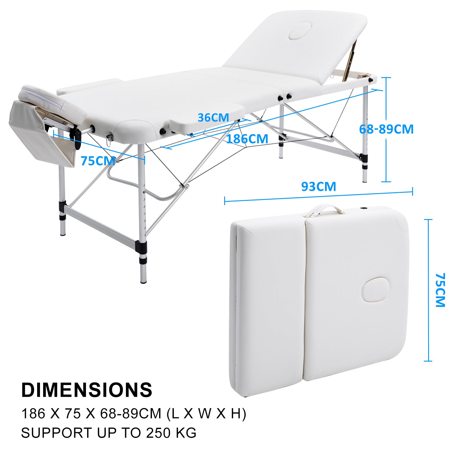 White Portable Beauty Massage Table Bed Therapy Waxing 3 Fold 75cm Aluminium - image12