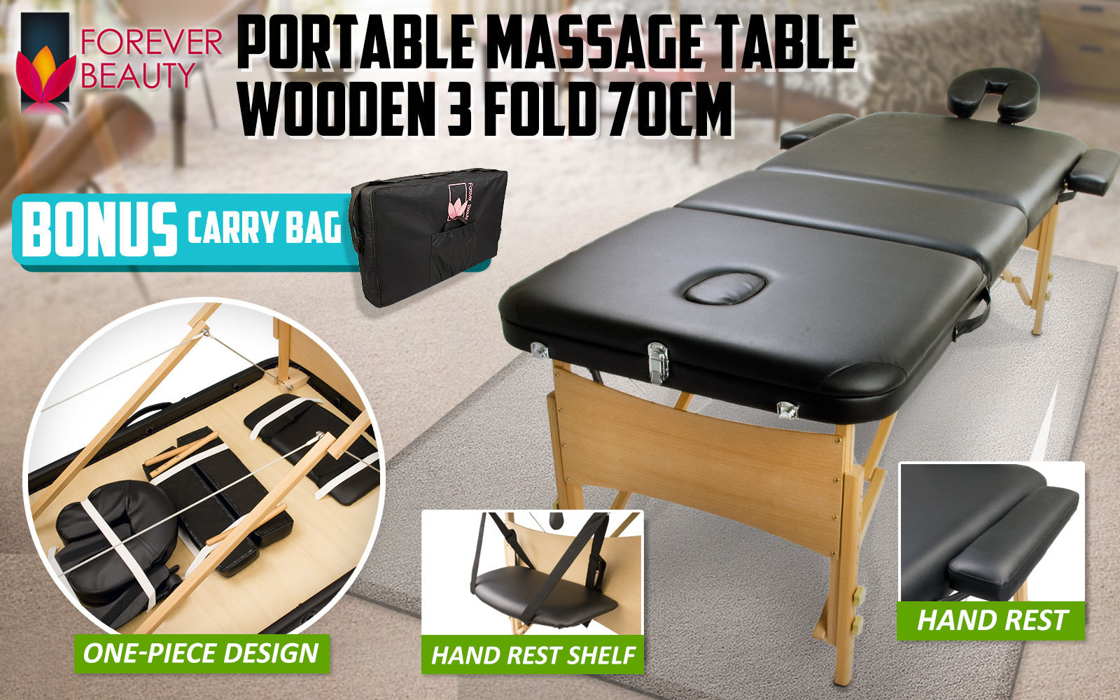 Black Portable Massage Table Bed Therapy Waxing 3 Fold 70cm Wooden - image2