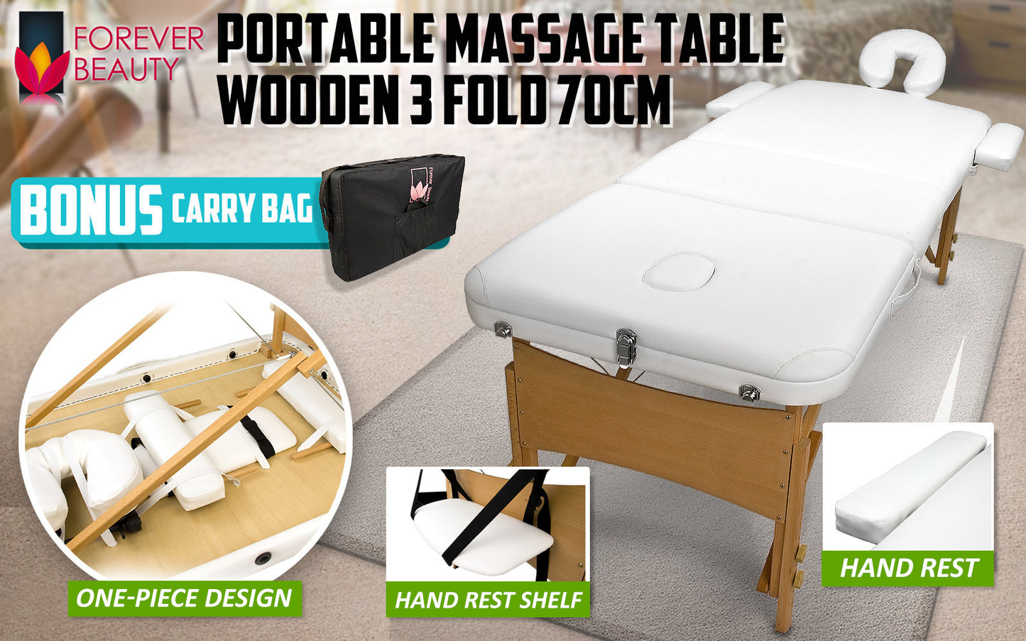 White Portable Beauty Massage Table Bed 3 Fold 70cm Wooden - image2