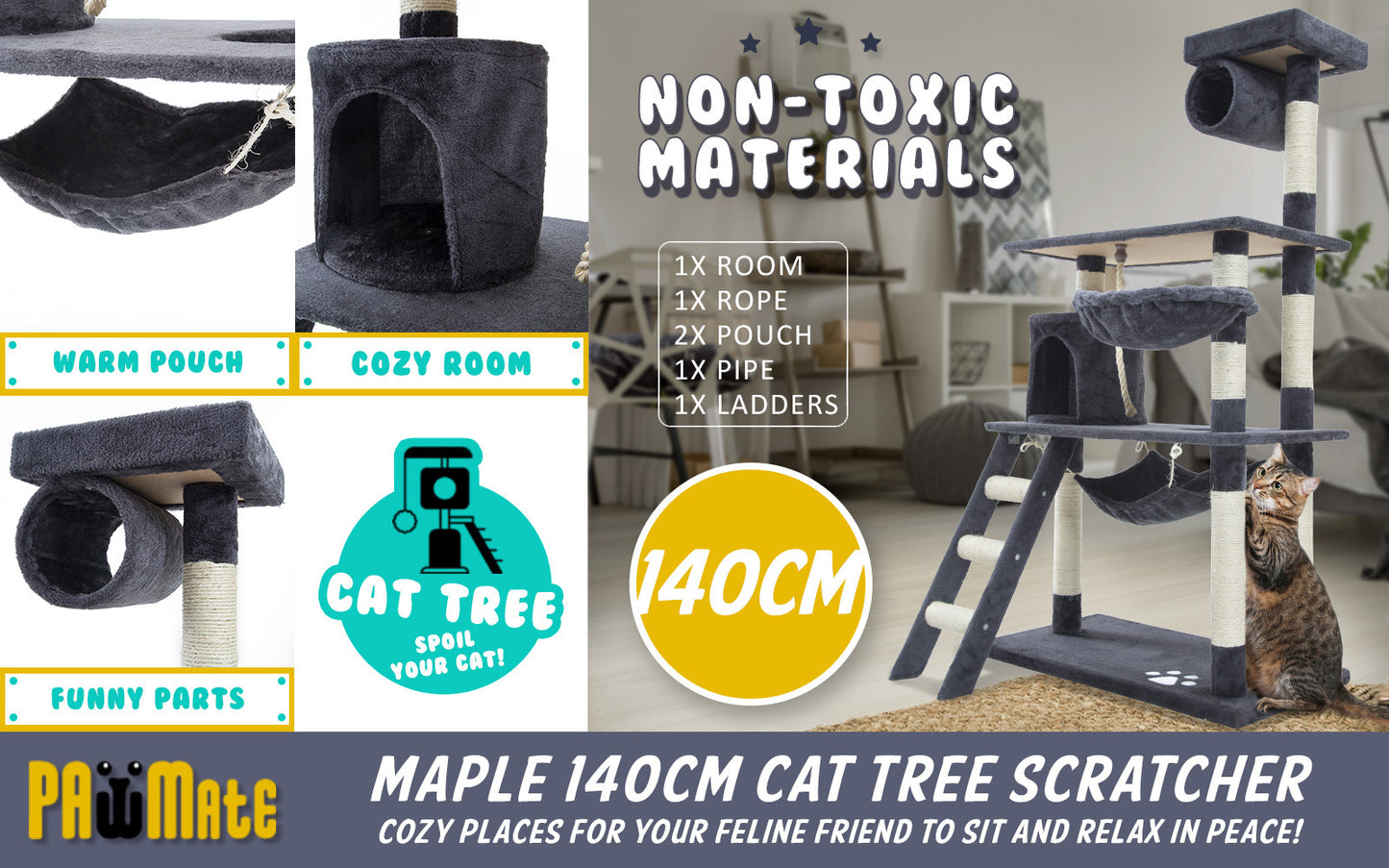 140cm Grey Cat Tree Maple Multi Level Scratcher - image2