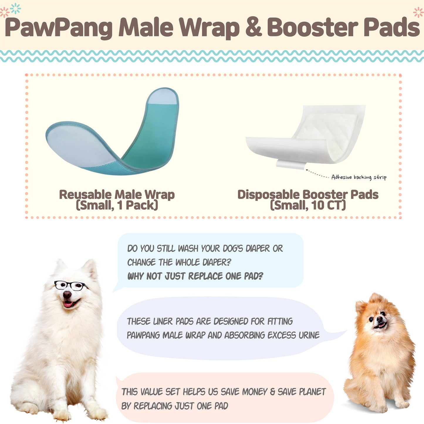 S Dog Wrap Reusable Male + 10 Ct S Diaper Booster Pads Disposable - image11