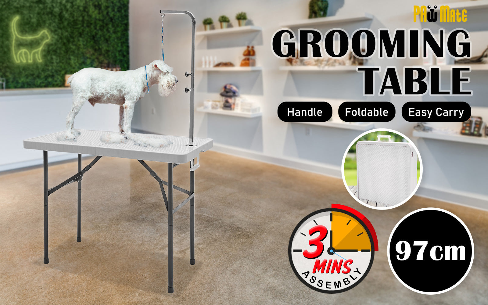 Paw Mat 97cm White Dog Cat Pet Grooming Salon Table Foldable Carry Height Adjustable - image2