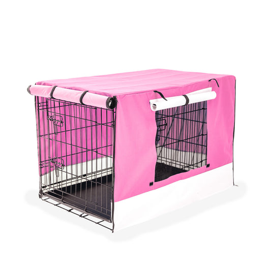 Wire Dog Cage Foldable Crate Kennel 24in with Tray + Pink Cover Combo - image1