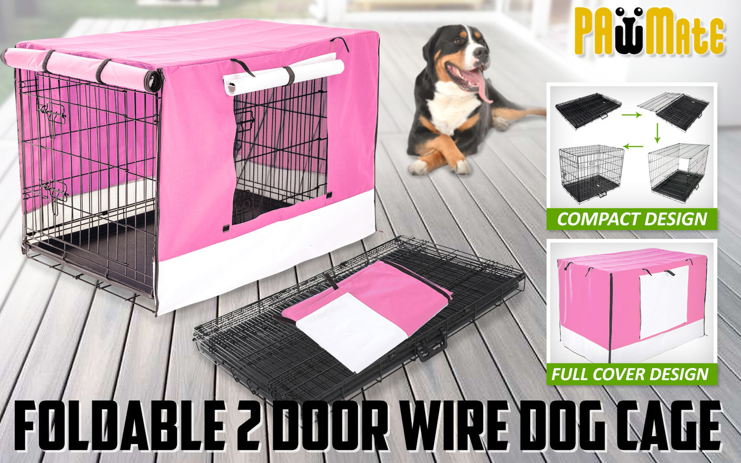 Wire Dog Cage Foldable Crate Kennel 24in with Tray + Pink Cover Combo - image2