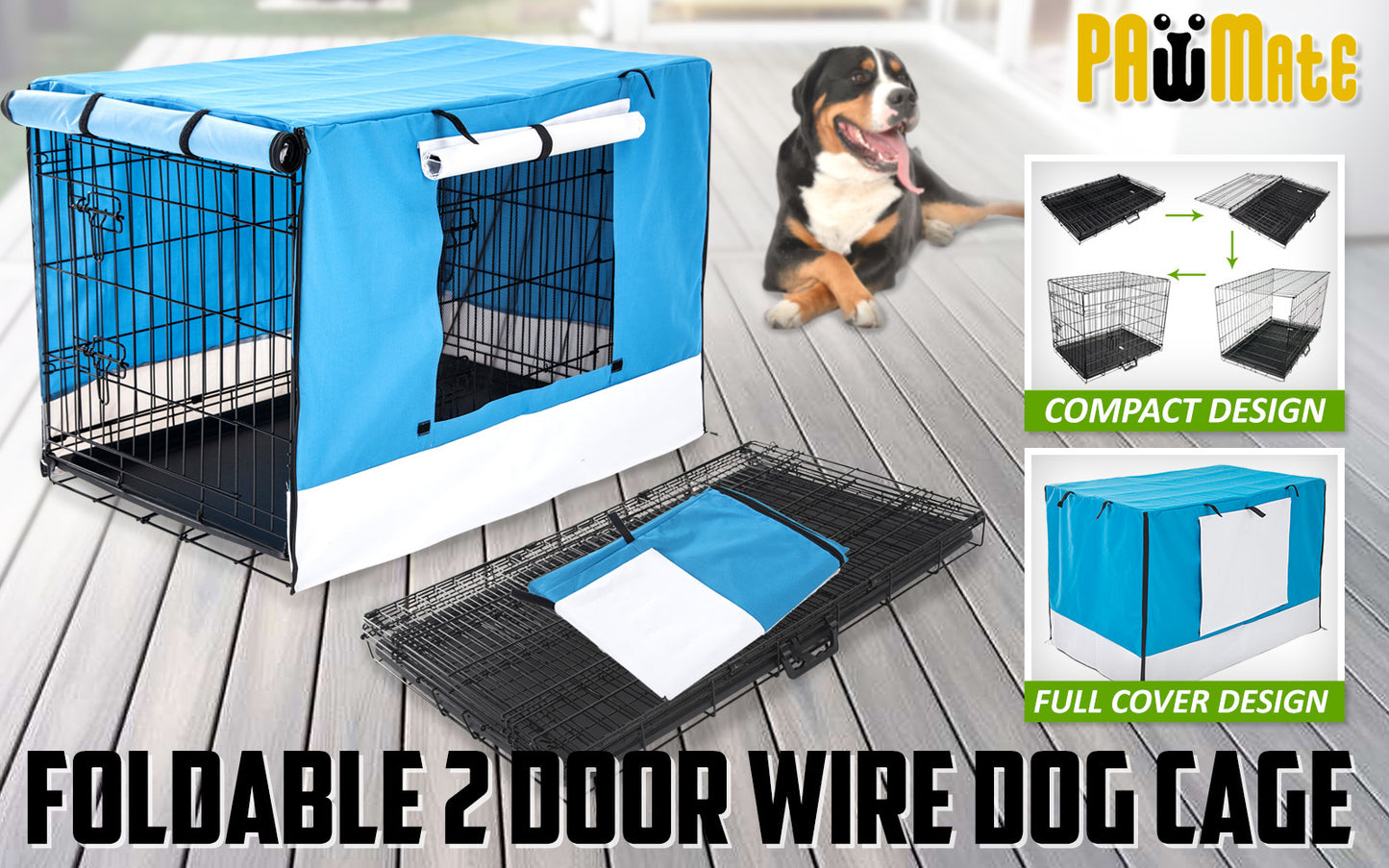 Wire Dog Cage Foldable Crate Kennel 30in with Tray + Blue Cover Combo - image2