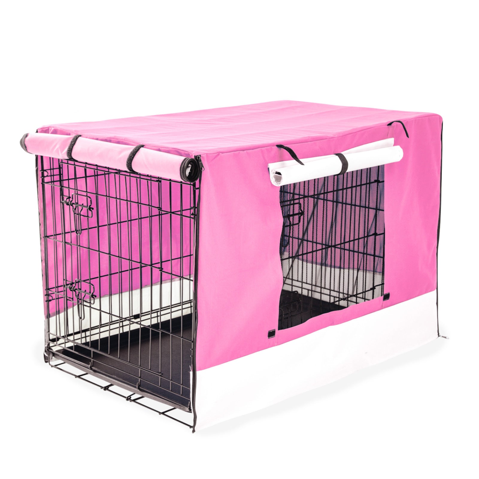 Wire Dog Cage Foldable Crate Kennel 48in with Tray + Pink Cover Combo - image1