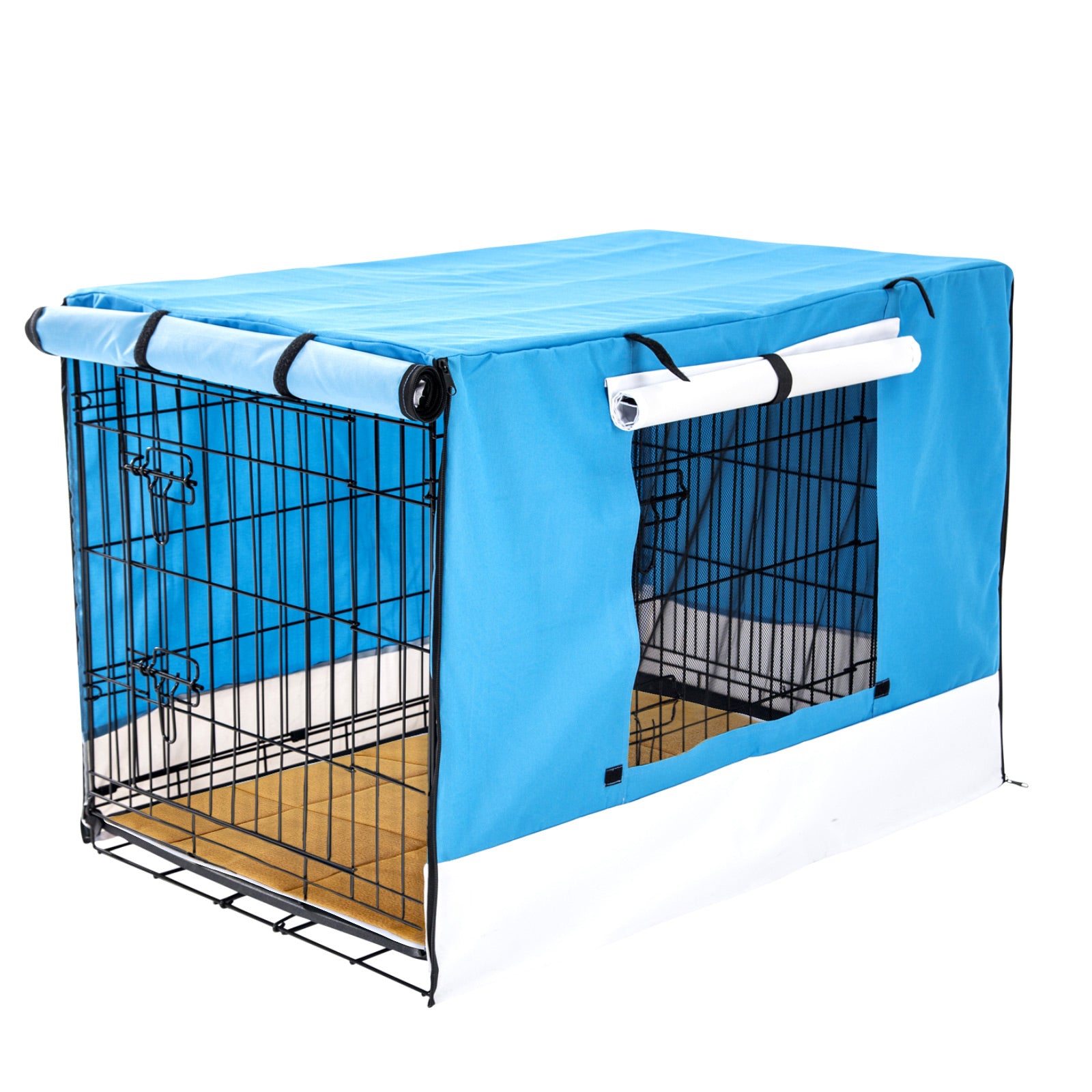 Wire Dog Cage Crate 48in with Tray + Cushion Mat + Blue Cover Combo - image1