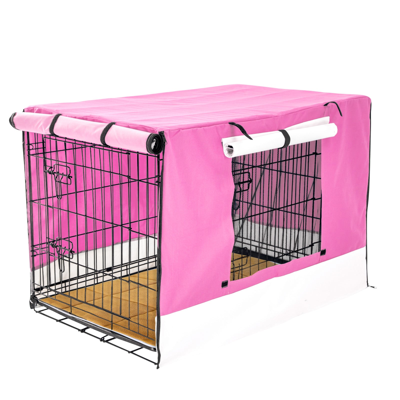Wire Dog Cage Crate 48in with Tray + Cushion Mat + Pink Cover Combo - image1