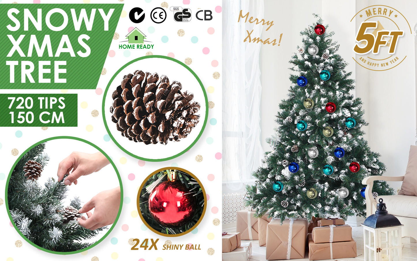 5Ft 150cm 720 tips Green Snowy Christmas Tree Xmas Pine Cones + Bauble Balls - image2