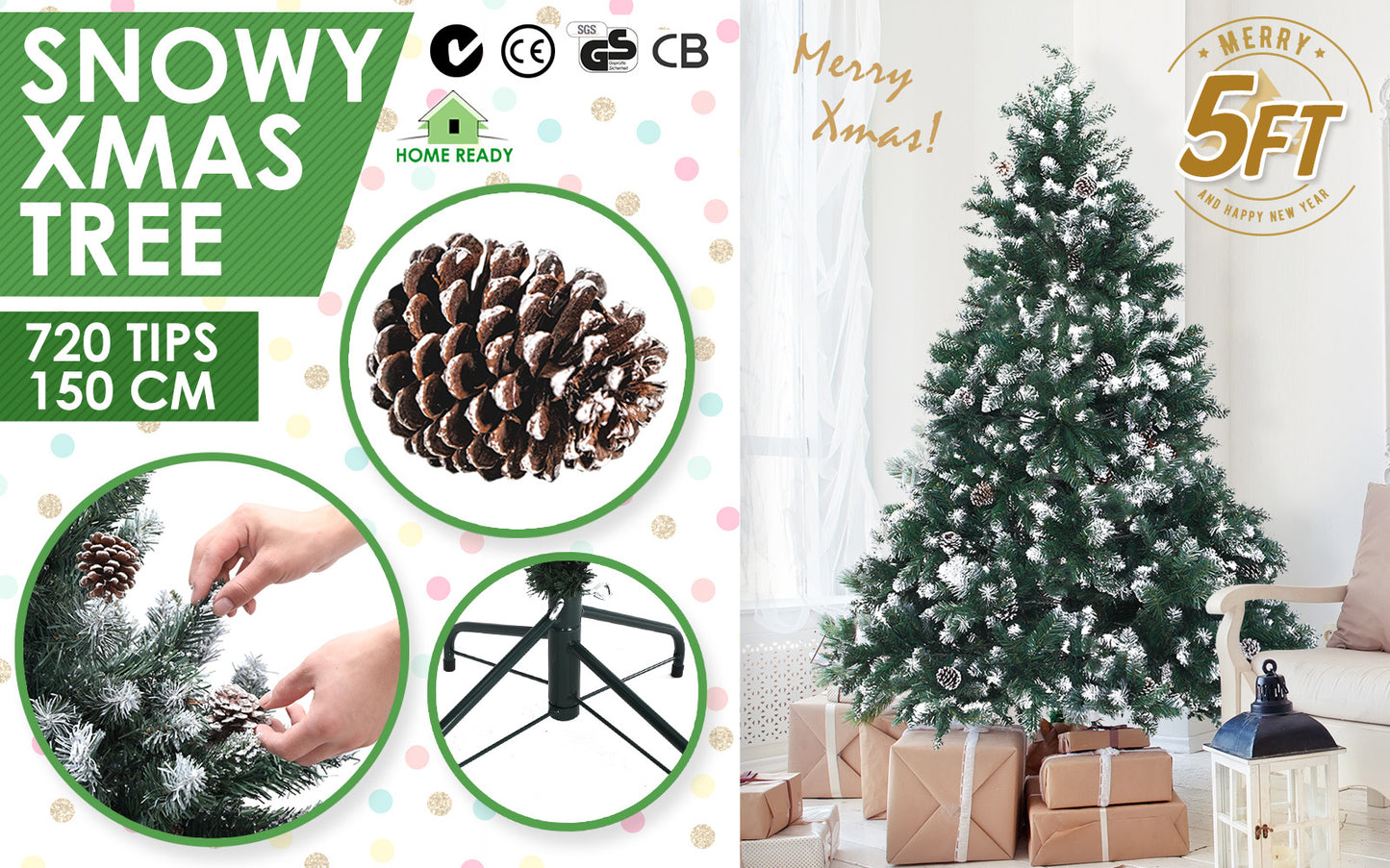 5Ft 150cm 720 tips Green Snowy Christmas Tree Xmas Pine Cones - image2