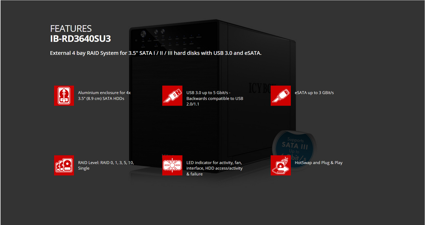 ICY BOX External 4 bay RAID System for 3.5" SATA I / II / III hard disks with USB 3.0 and eSATA (IB-RD3640SU3) - image4