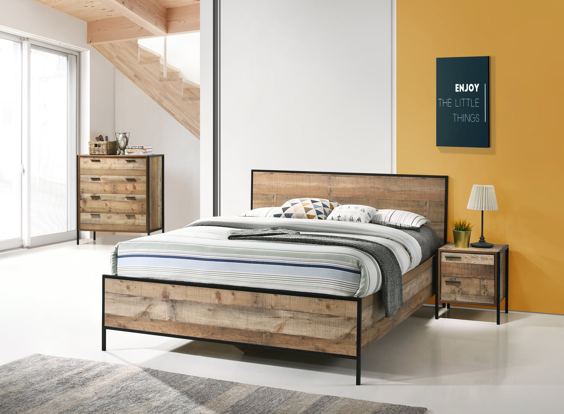 4 Pieces Bedroom Suite with Particle Board Contraction and Metal Legs Queen Size Oak Colour Bed, Bedside Table & Tallboy - image1