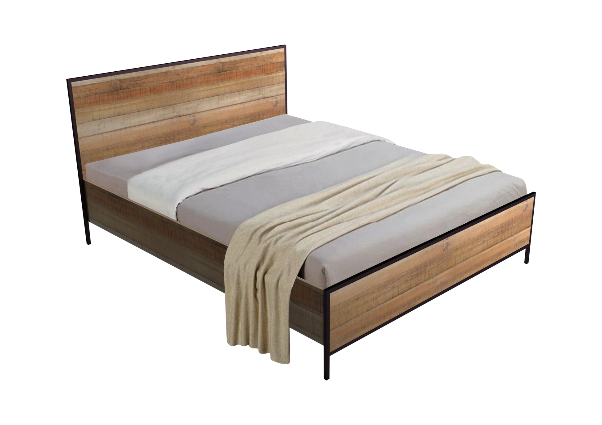 4 Pieces Bedroom Suite with Particle Board Contraction and Metal Legs Queen Size Oak Colour Bed, Bedside Table & Tallboy - image3