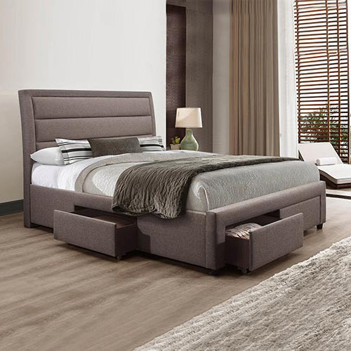 4 Pieces Storage Bedroom Suite Upholstery Fabric in Light Grey with Base Drawers Queen Size Oak Colour Bed, Bedside Table & Tallboy - image2