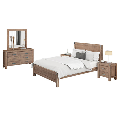 4 Pieces Bedroom Suite in Solid Wood Veneered Acacia Construction Timber Slat Double Size Chocolate Colour Bed, Bedside Table & Dresser - image1