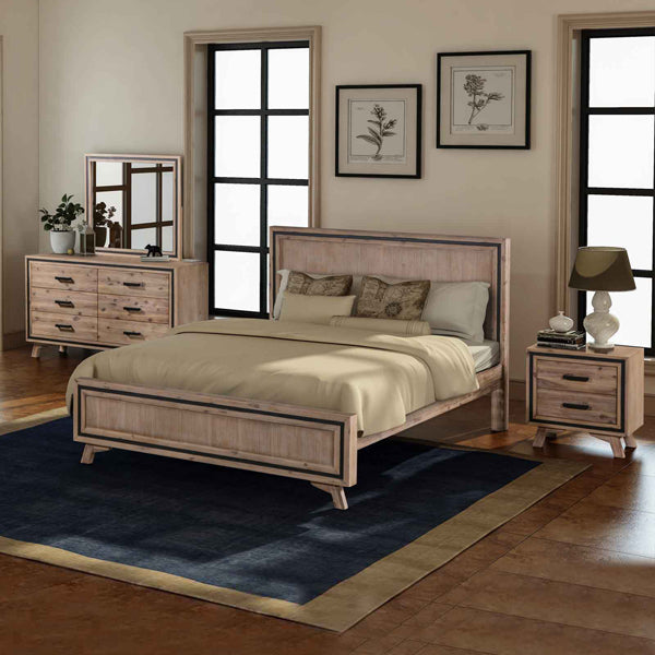 4 Pieces Bedroom Suite King Size Silver Brush in Acacia Wood Construction Bed, Bedside Table & Dresser - image1