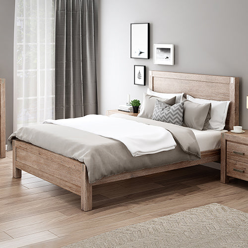 Bed Frame Double Size in Solid Wood Veneered Acacia Bedroom Timber Slat in Oak - image1