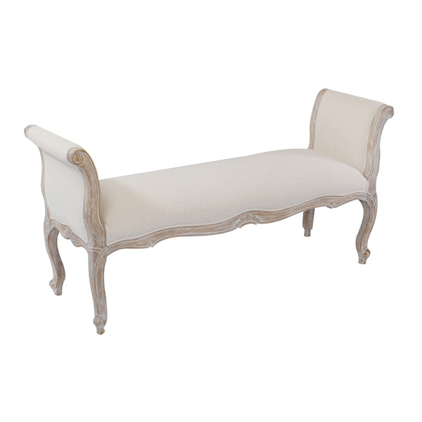 Oak Wood Linen Fabric Beige White Washed Finish Bench Chair - image1