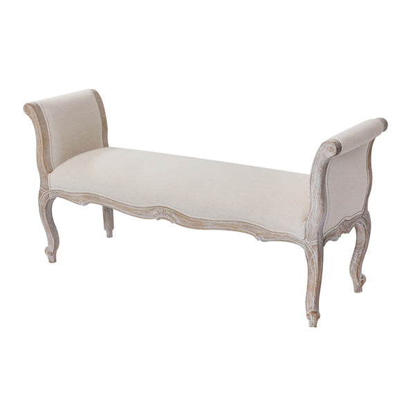 Oak Wood Linen Fabric Beige White Washed Finish Bench Chair - image3