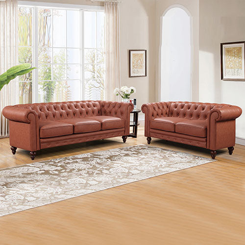 3+2 Seater Brown Sofa Lounge Chesterfireld Style Button Tufted in Faux Leather - image1
