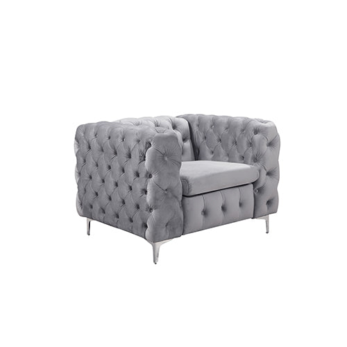 Single Seater Grey Sofa Classic Armchair Button Tufted in Velvet Fabric with Metal Legs - image1