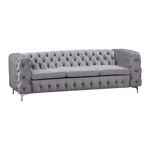 3 Seater Sofa Classic Button Tufted Lounge in Grey Velvet Fabric with Metal Legs - image1