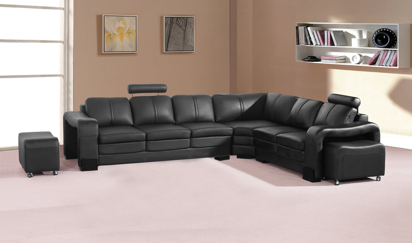 Lounge Set Luxurious 6 Seater Faux Leather Corner Sofa Living Room Couch in Black with 2x Ottomans - image1