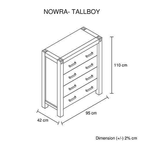 Tallboy with 4 Storage Drawers Solid Wooden Assembled in Oak Colour - image7