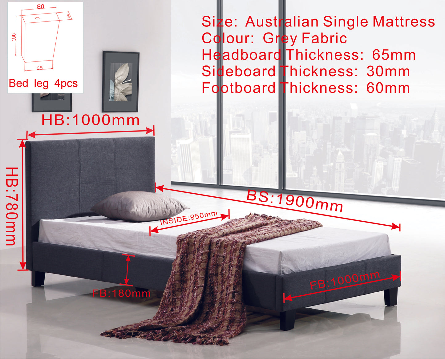 Single Linen Fabric Bed Frame Grey - image5