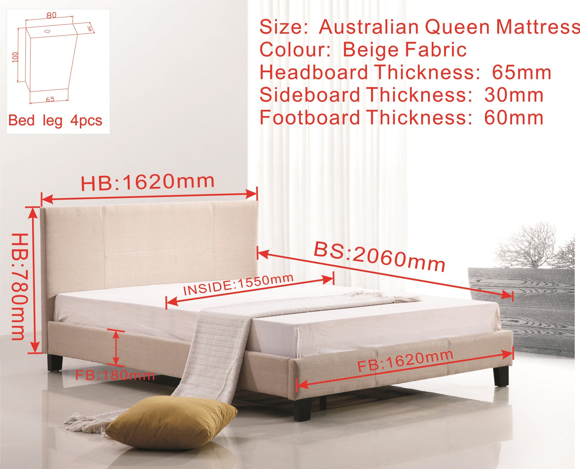 Queen Linen Fabric Bed Frame Beige - image6