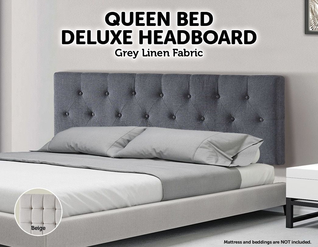 Linen Fabric Queen Bed Deluxe Headboard Bedhead - Grey - image2