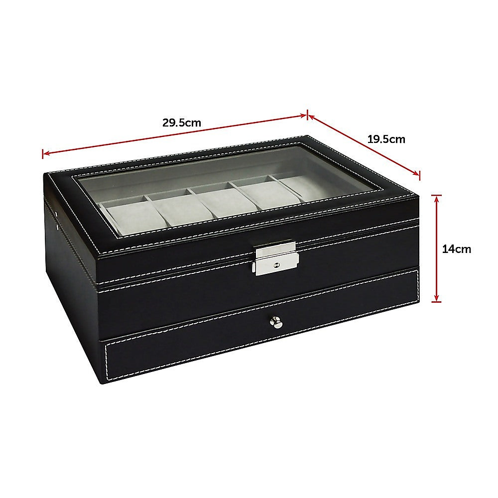 12 Grids Watch Display Case Leather jewellery Storage Box Organiser Lock Key - image9